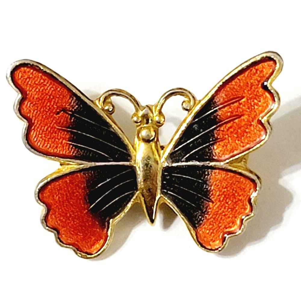 Vintage  Gold, Black & Orange Guilloche Enameled Butterfly Brooch Pin
